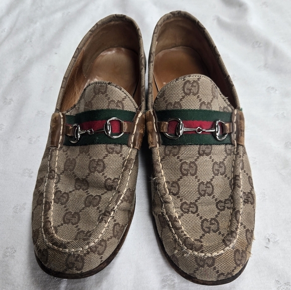 Gucci Women's Brown Canvas Logo Loafers with Red and Green Horsebit Size 10